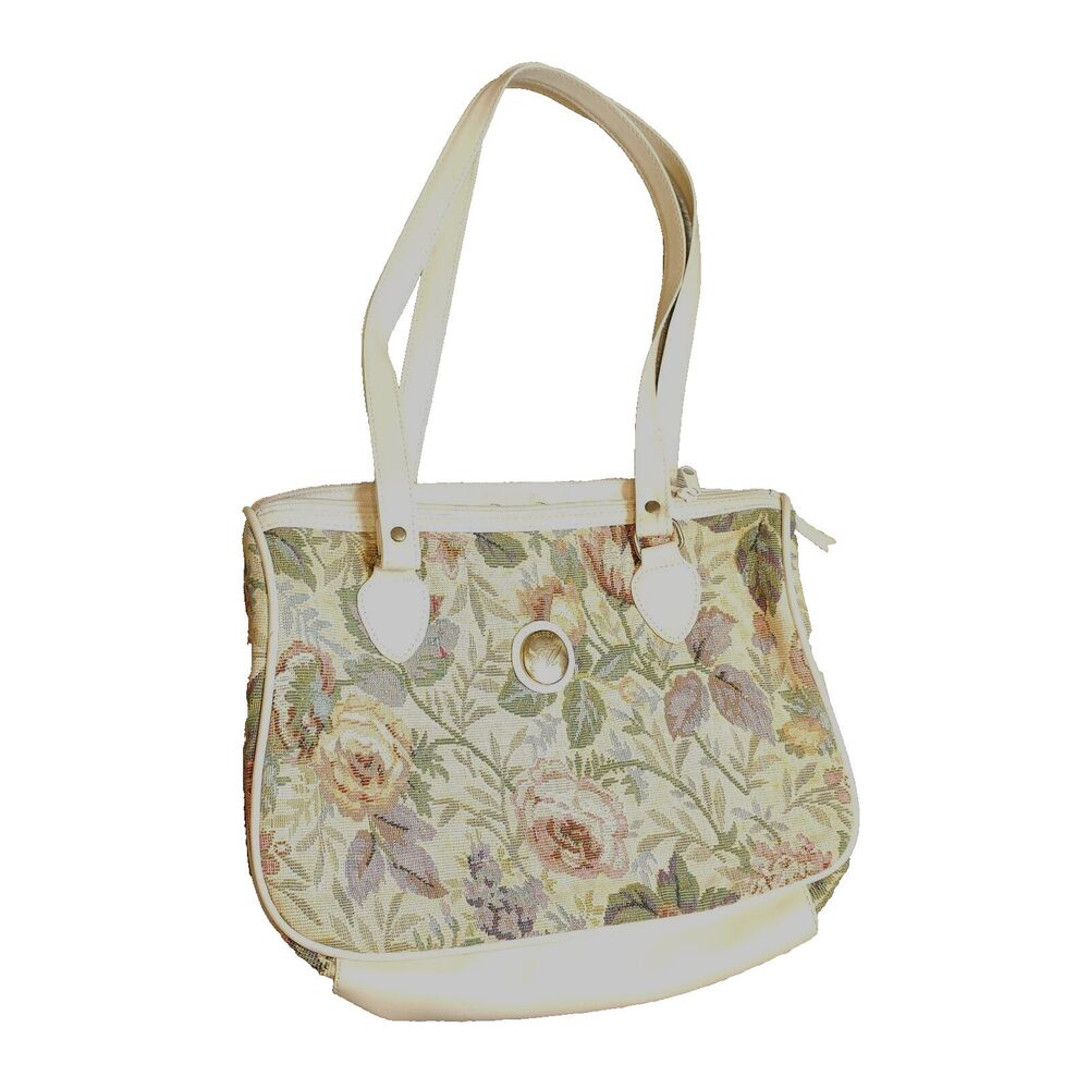 Vintage 80s Mitzi Tapestry Purse Floral Pastel Cream Cottagecore Medium